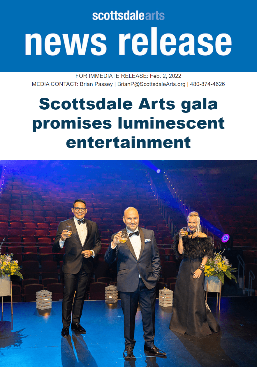 The ARTrageous Gala co-chairs, Oscar De las salas (left) and Anita Lang (right) flank Dr. Gerd Wuestemann, president and CEO of Scottsdale Arts during the 2021 event at Scottsdale Center for the Performing Arts.